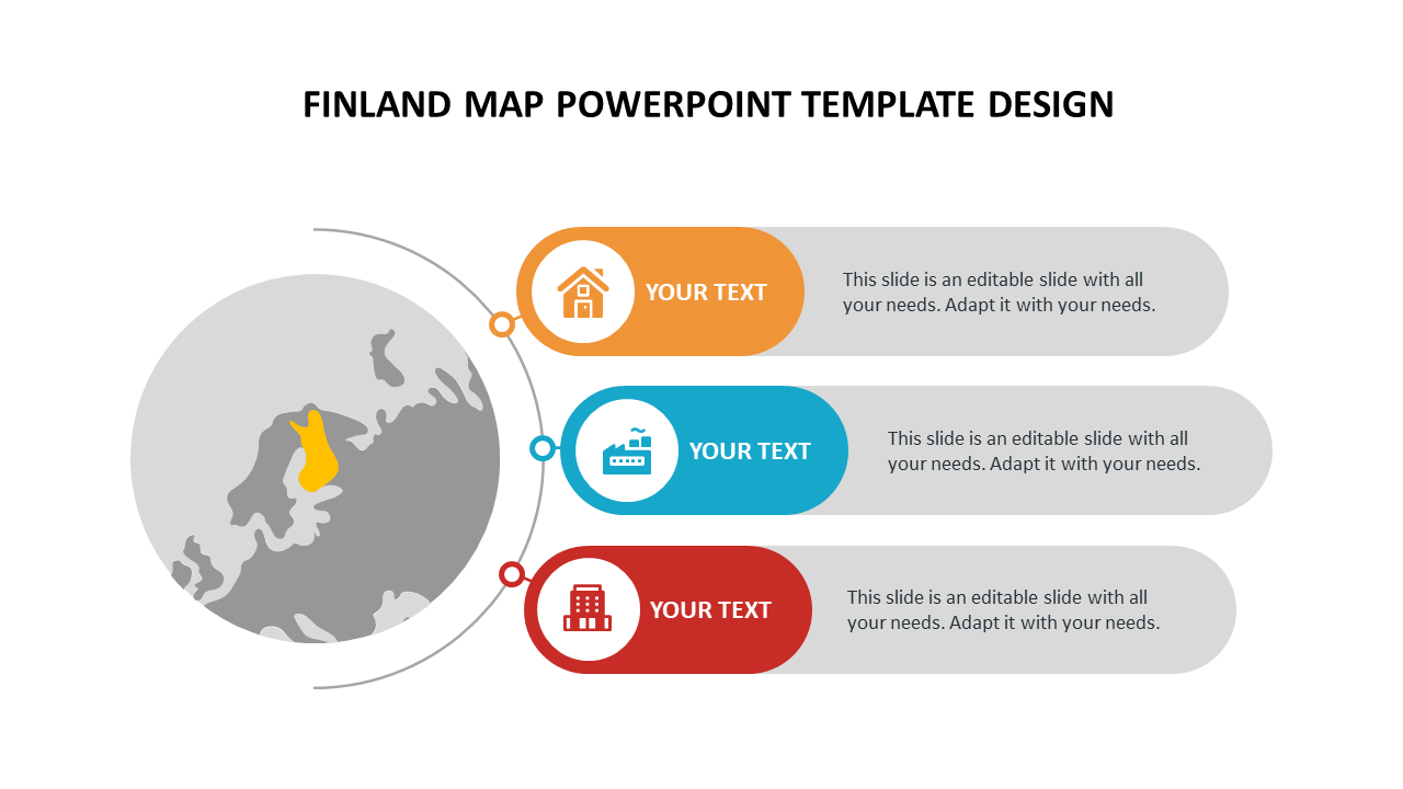 Gray map of Europe highlighting Finland in yellow, with three colored text boxes on the right for content.