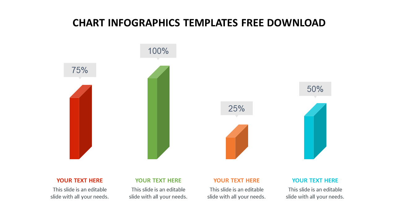 Colorful 3D bar chart infographic with varying percentages with placeholder text.