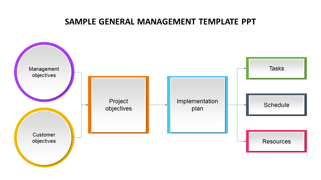 Flowchart layout with circular, square, and rectangular shapes in varied colors, showing objectives leading to tasks.