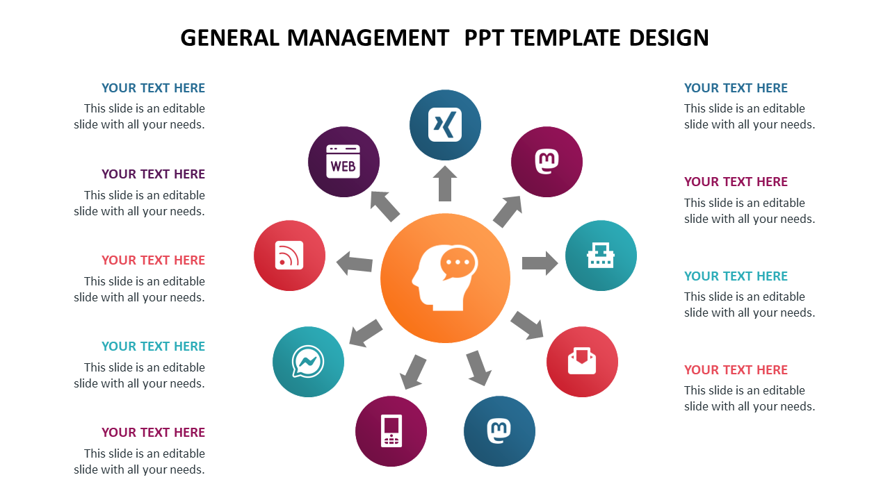 General management PPT template with an orange central icon surrounded by colorful icons representing various concepts.