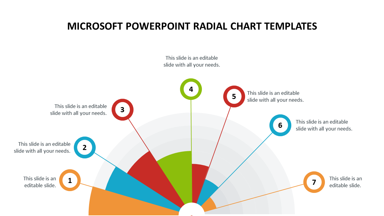 Microsoft PowerPoint radial chart template featuring seven colored segments with editable text boxes around the outer circle.