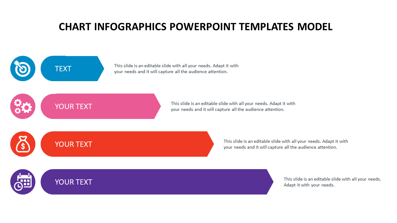 Chart with four colored bars, each featuring an icon on the left and space for text, arranged in a vertical sequence.