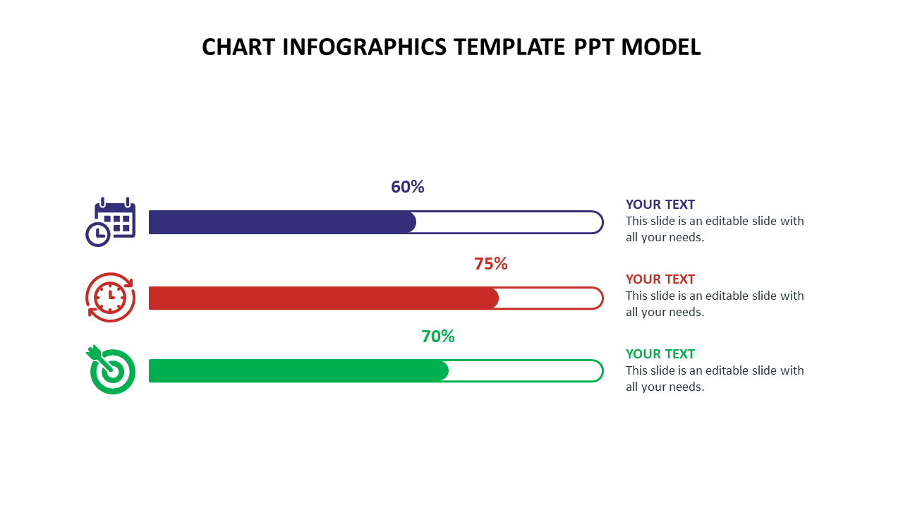 Chart infographic template with three progress bars in blue, red, and green accompanied by icons.