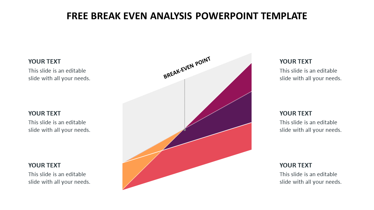 Slide featuring a break-even point chart in orange, red, and purple sections, with text areas on the left and right.