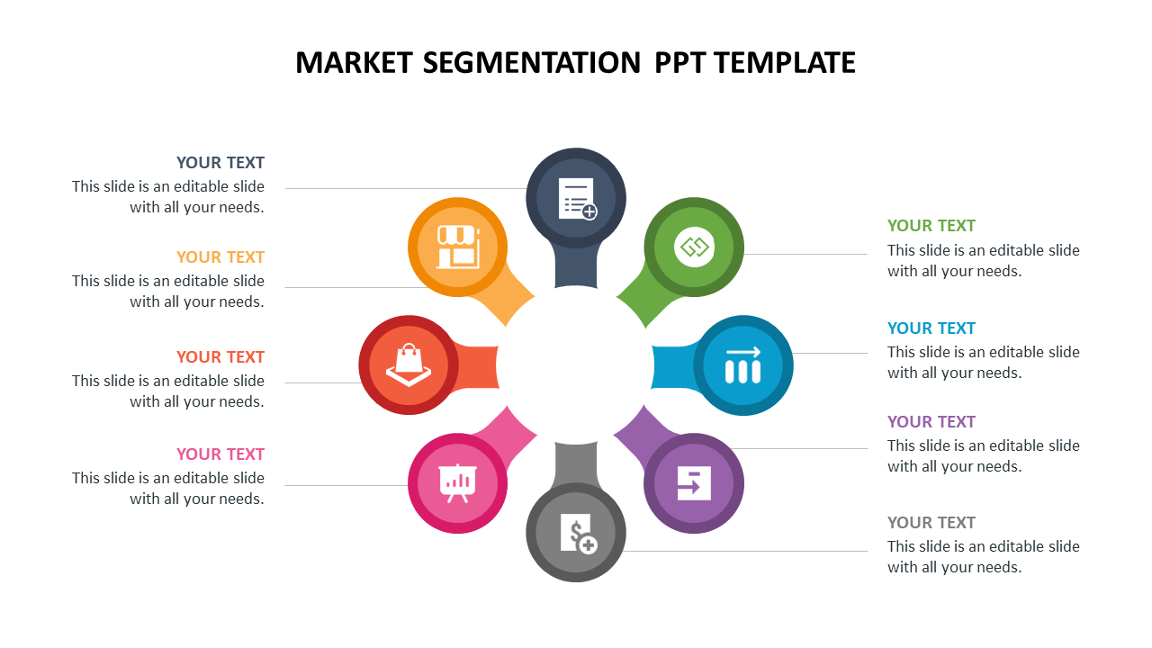 Radial diagram with eight colored icons around a central circle, illustrating elements of market segmentation.