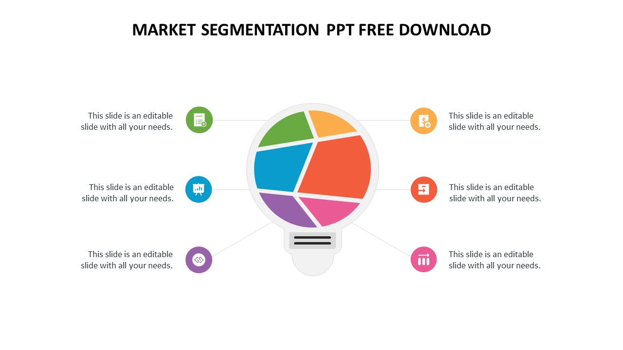 A visually appealing market segmentation PowerPoint slide showcasing a light bulb graphic, divided into colorful sections.