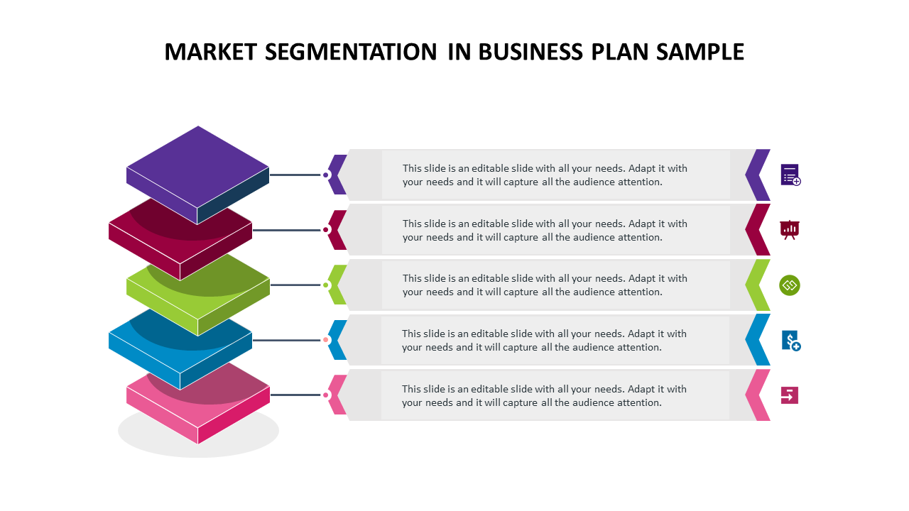 Stacked layers in five colors, each connected to text boxes and icons representing different segments in market segmentation.