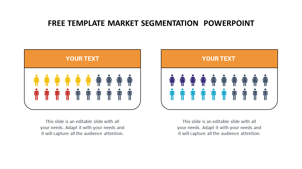 Market segmentation template with two sections, each featuring a row of figures representing in various colors. 