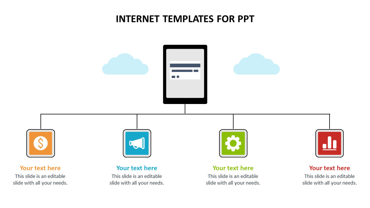 Tablet illustration at the top, linked to four square icons in orange, blue, green, and red with matching text below.