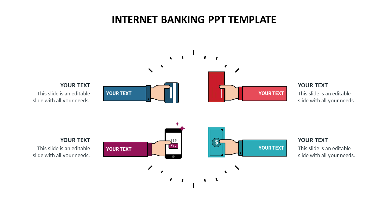 Internet banking-themed slide with icons of hands using a card, phone, and cash machine, surrounded by placeholder text.