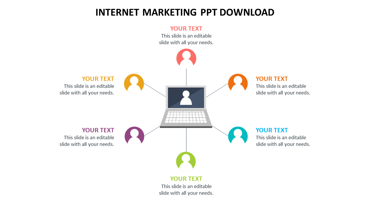 Internet marketing PowerPoint template featuring a central laptop with six colorful icons representing different elements.