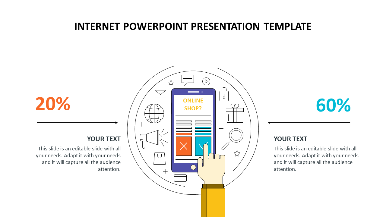 PPT slide featuring an internet shopping concept with a mobile phone showing an online shop interface and icons with text.