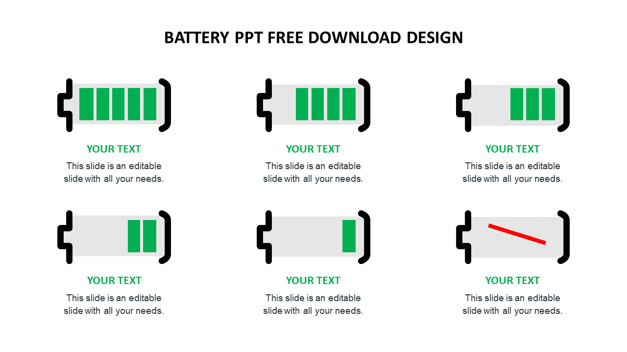 Six battery icons in various green charge levels from full to red empty, with text below each icon.