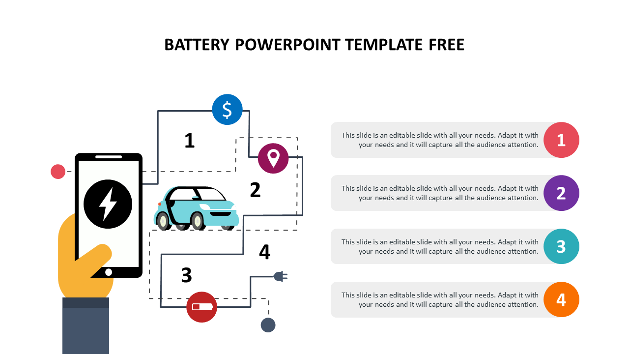 Phone with battery icon, connected to car by a dashed plug path, along with four colorful numbered steps.