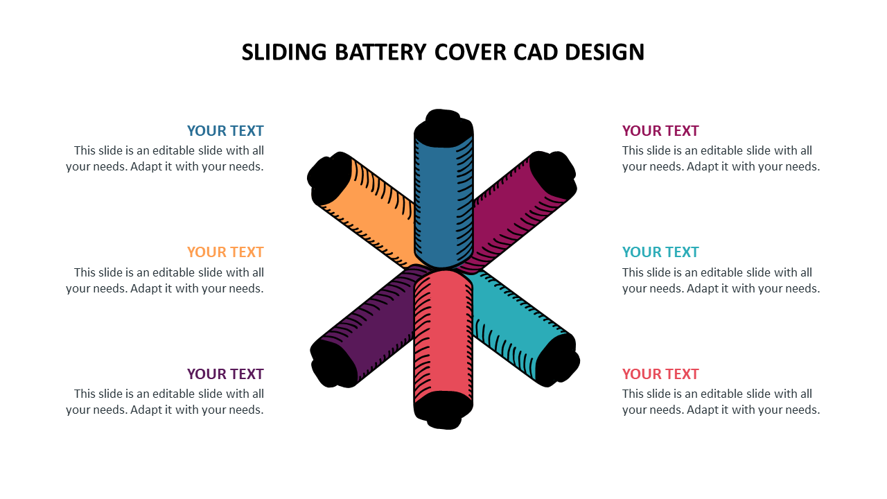 CAD design illustration of a sliding battery cover with six cylindrical parts arranged in a star pattern, each in a different color.