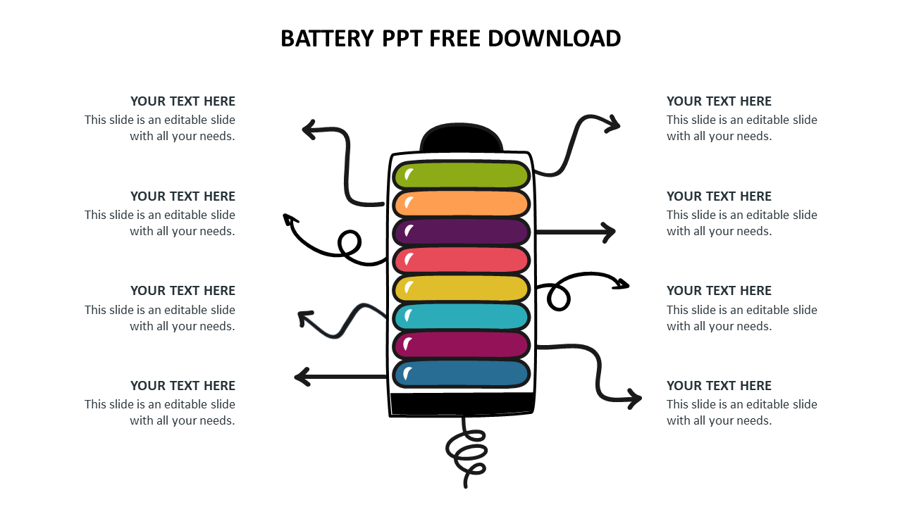 Colorful layered battery icon with eight segments, each connected to surrounding text boxes by curved arrows.