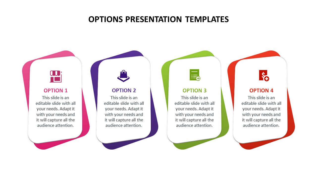 Four colorful option cards in pink, purple, green, and red with icons and placeholder text.