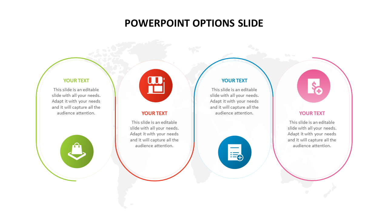 A slide displaying four options, each represented by a icon and color each segment includes placeholder text.