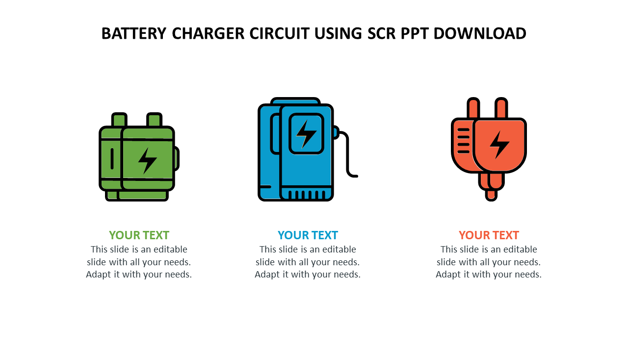 Battery charger circuit using SCR PowerPoint slide with three text sections and illustrations of charger components.