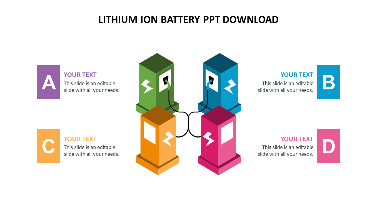 Isometric illustration of colorful lithium ion battery components labeled A, B, C, and D for placeholder text.