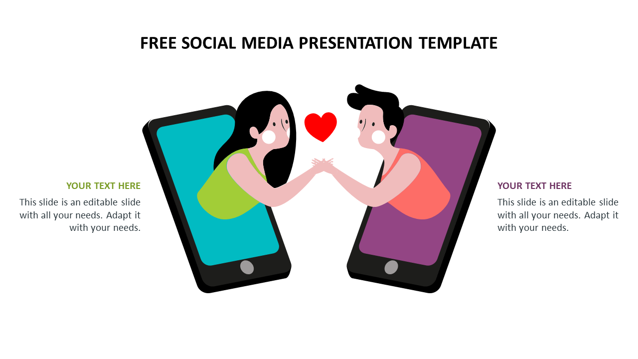 Social media PowerPoint slide with two smartphones and a couple holding hands, with a heart symbol between them.