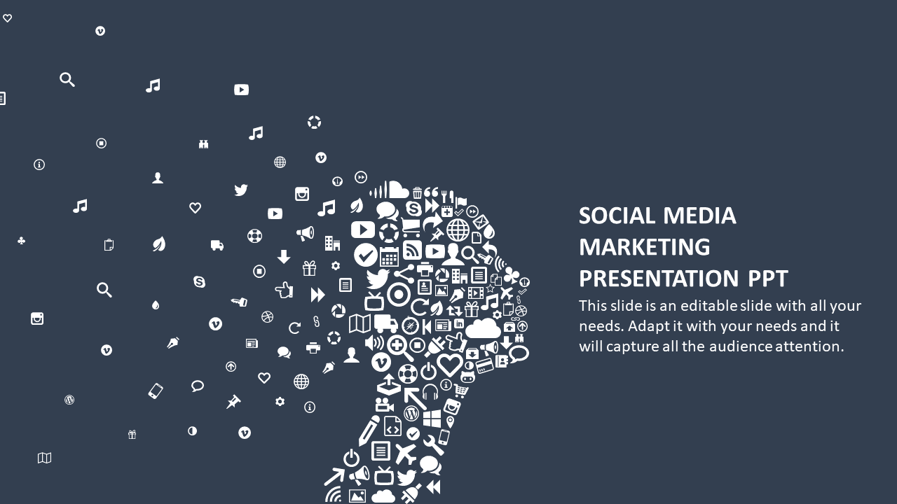 A dynamic slide showcasing social media marketing, featuring a silhouette made up of various social media icons and symbols.