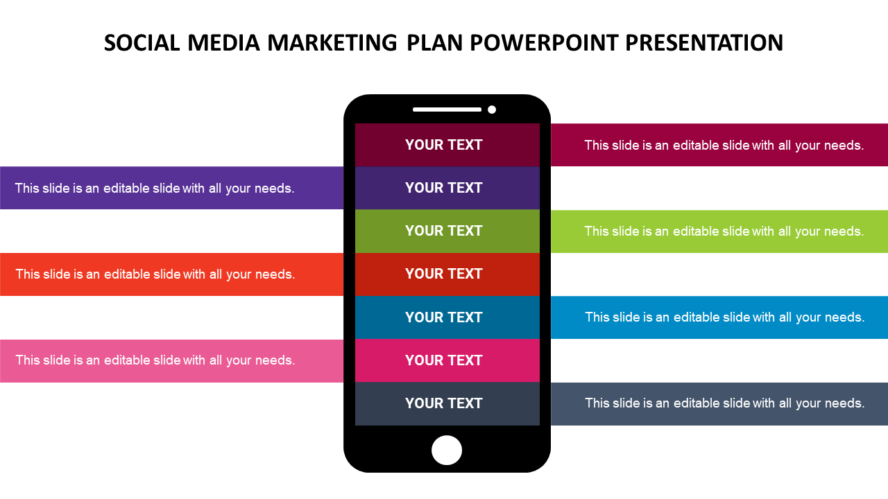 Social media marketing PowerPoint template showing a smartphone with multiple colorful text boxes on a white backdrop.