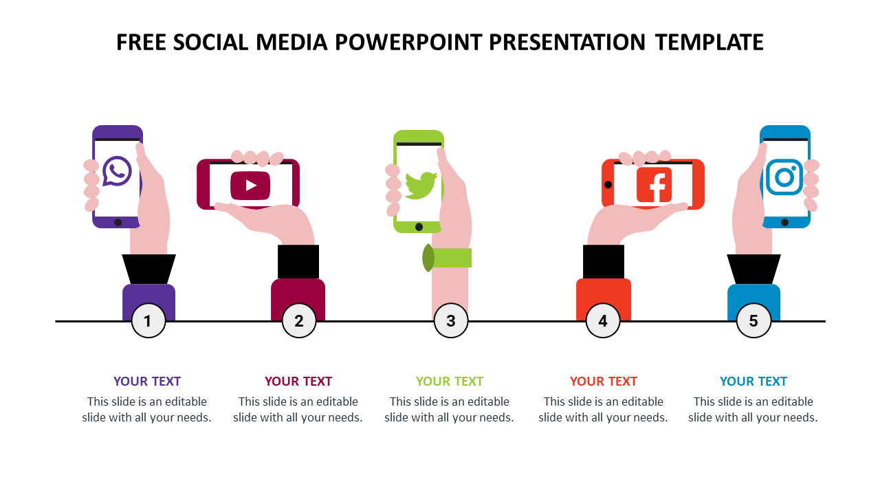 Social media-themed slide with hands holding phones, each displaying a social media platform icon and caption areas.