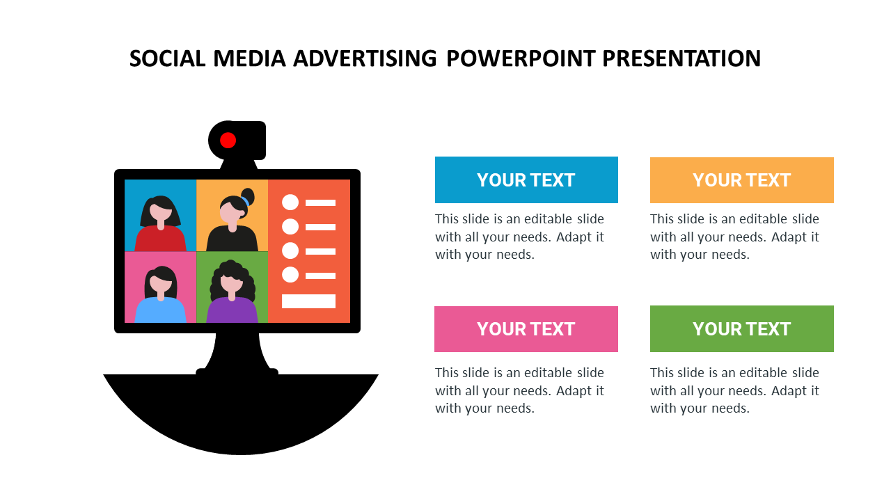 Social media advertising slide featuring an online meeting screen with participant icons and four colorful text boxes.