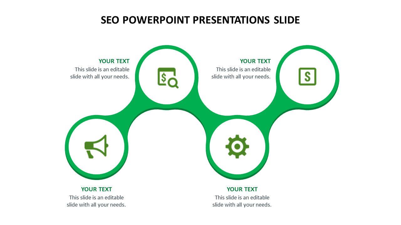 SEO slide with four green circular sections linked in a flowing layout, each containing an icon and text area.