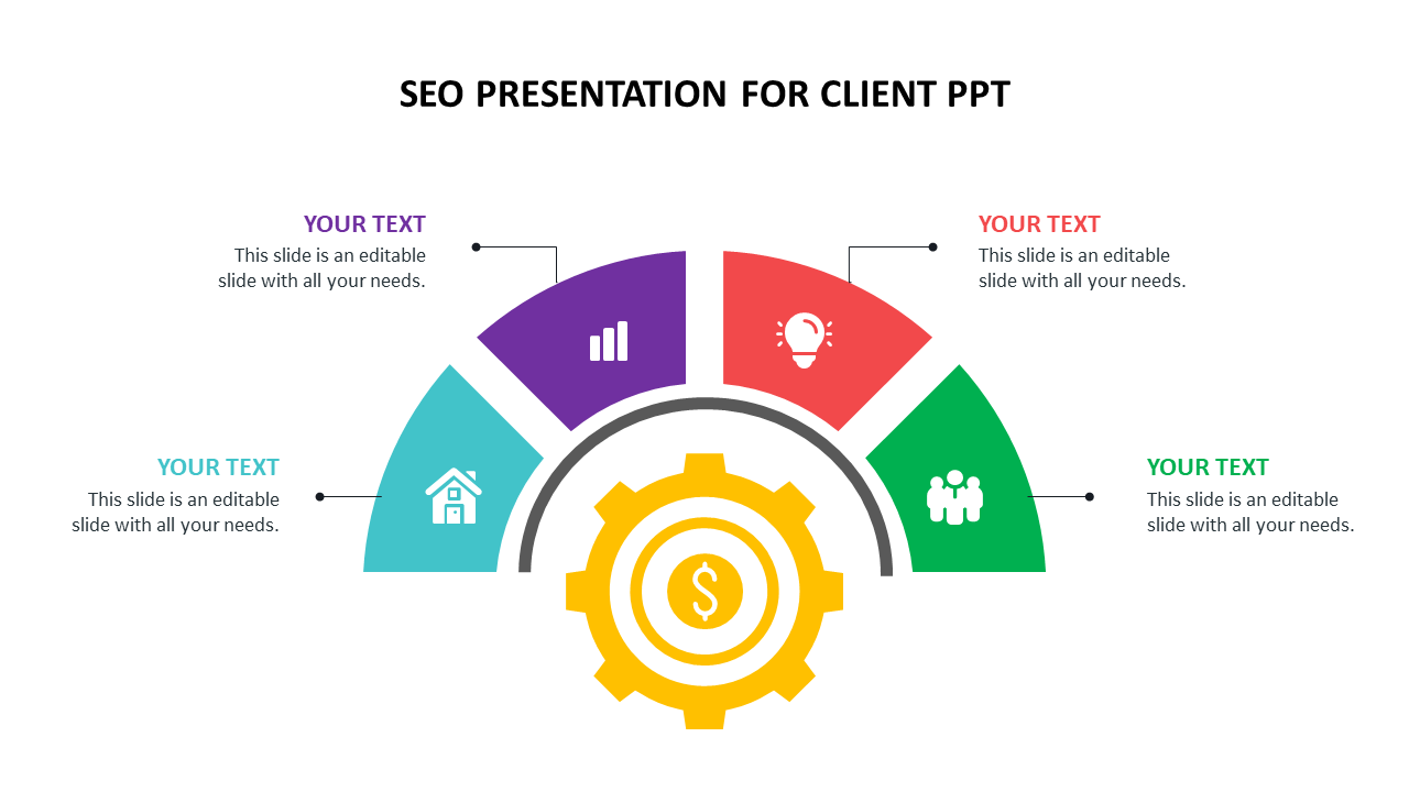 Semi-circular graphic with four sections, featuring placeholder text and icons around a central SEO gear icon.