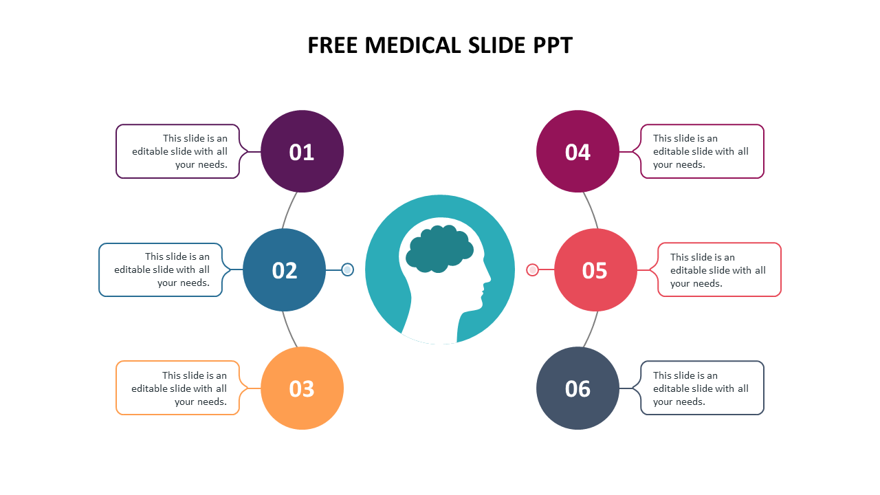 Medical PowerPoint slide with six colored numbered sections for placeholder text on a white backdrop.