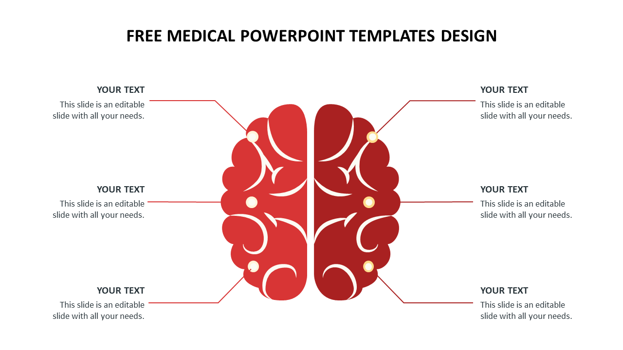 Medical-themed infographic showing a red brain illustration with six text placeholders linked by lines.