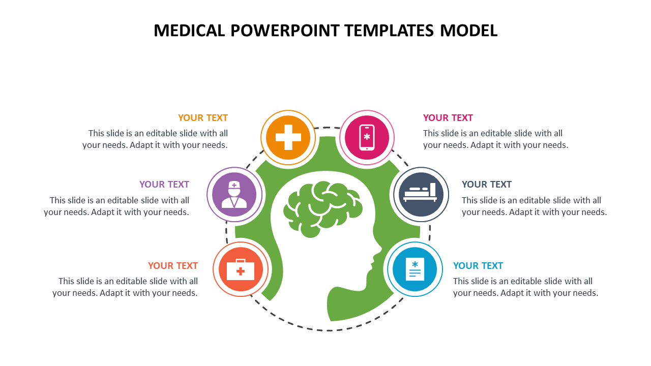 Medical slide featuring a green human head silhouette with a brain illustration, surrounded by six circular healthcare icons.