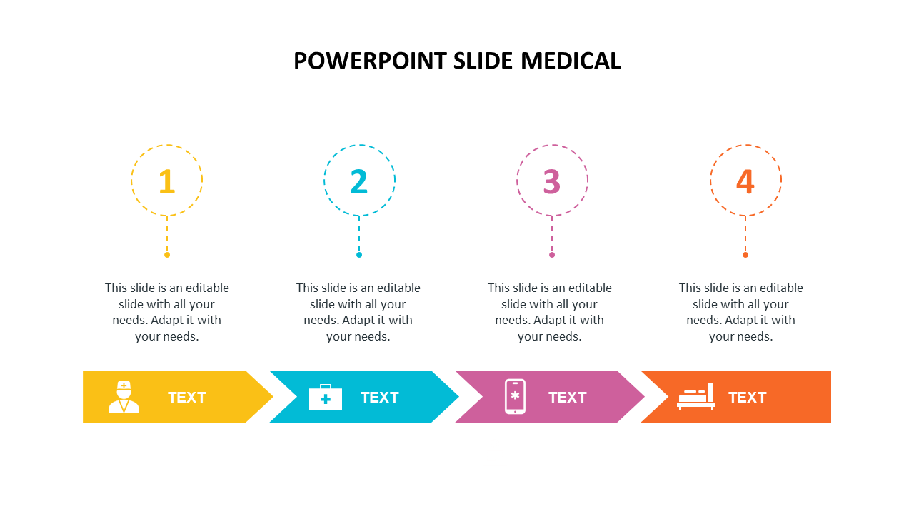 Medical presentations, featuring four sections with icons for healthcare professionals, medical equipment, and patient care.