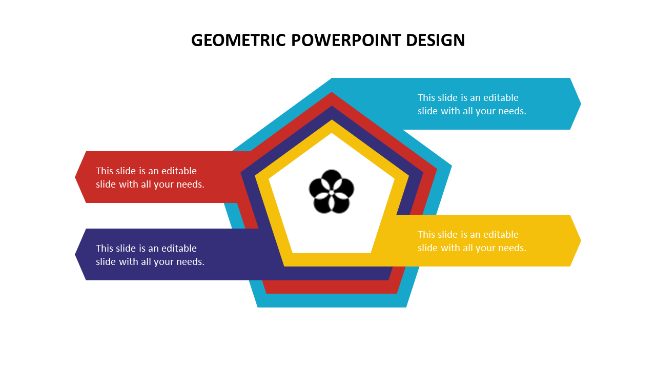 Geometric PPT slide design with a flower icon in the center, surrounded by hexagonal shapes in red, blue, purple, and yellow.