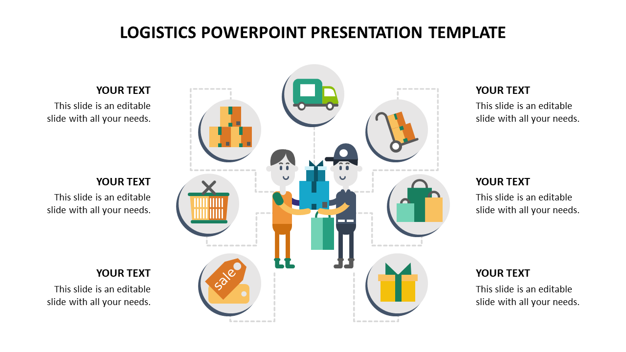 Logistics  slide featuring icons around a central image of two people exchanging packages, with placeholders area.