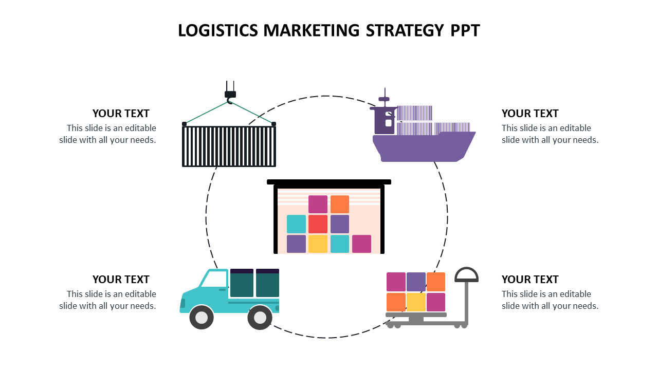 Marketing strategy slide for logistics with visuals of container, ship, warehouse, truck, and pallet each with caption area.