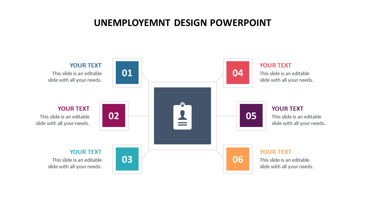 A multi colour slide with a grid of numbered boxes, each with a placeholder for text, and an ID card icon for unemployment.