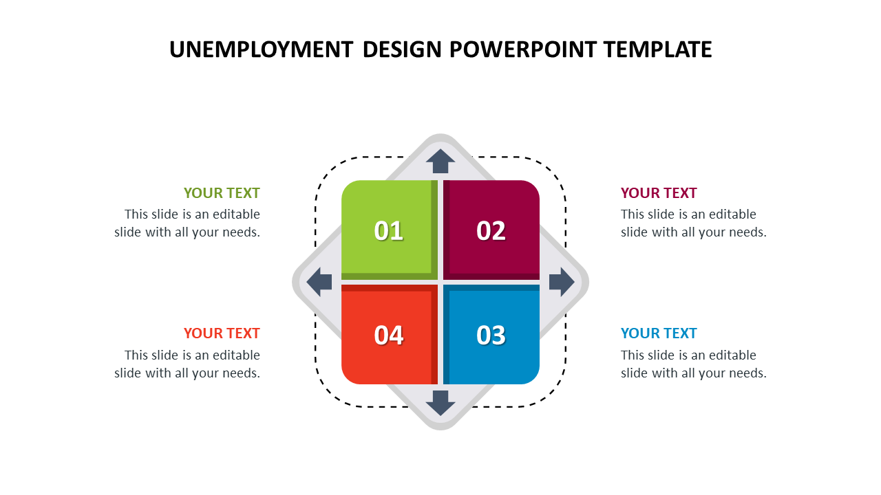 Infographic for unemployment with four colored sections labeled 01 to 04, arrows pointing outward, and placeholder text.