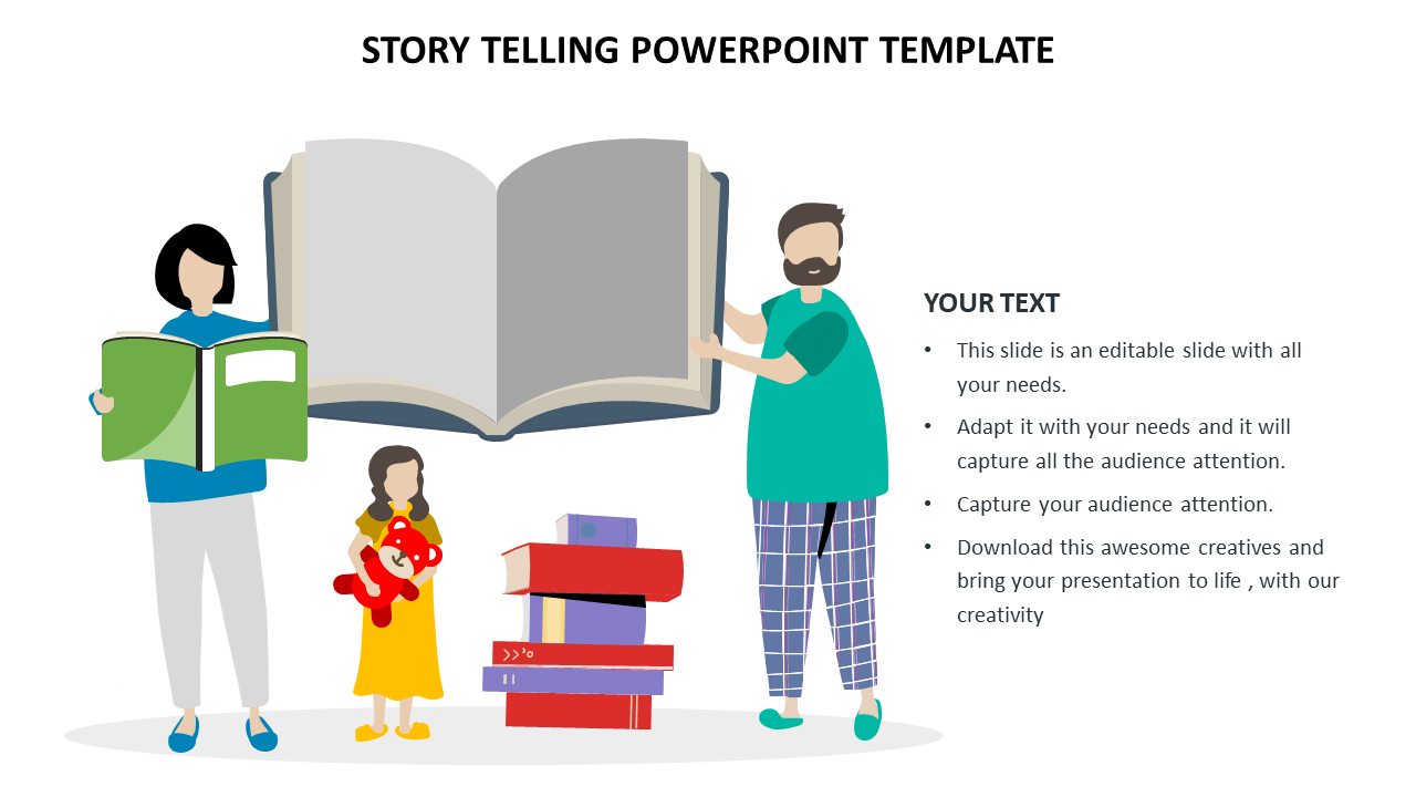 Storytelling themed slide featuring a family with an open book and text area.