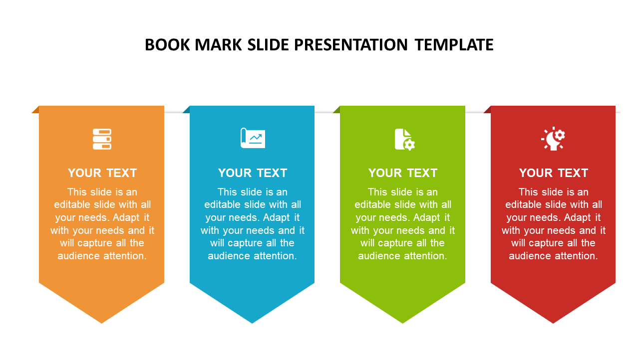 A slide with four colored bookmark icons, each with a text box for your content.