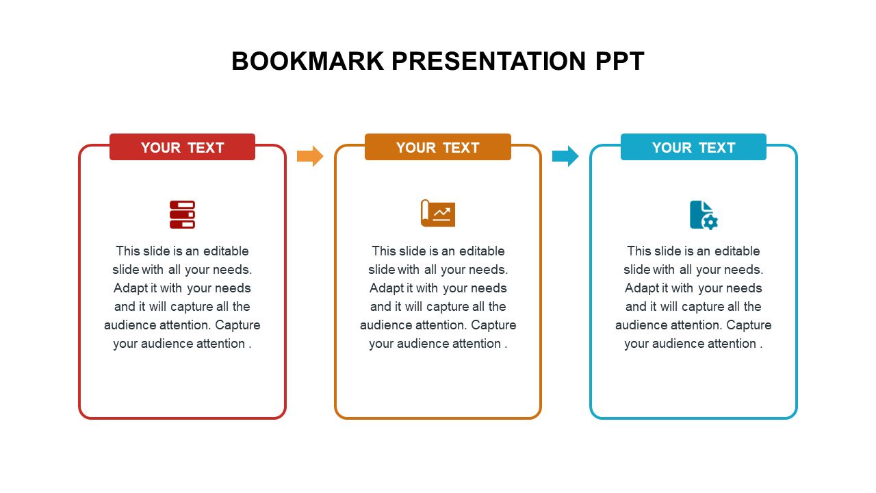 Three bookmark-shaped boxes in red, orange, and blue, each with an icon and placeholder text, connected by arrows.