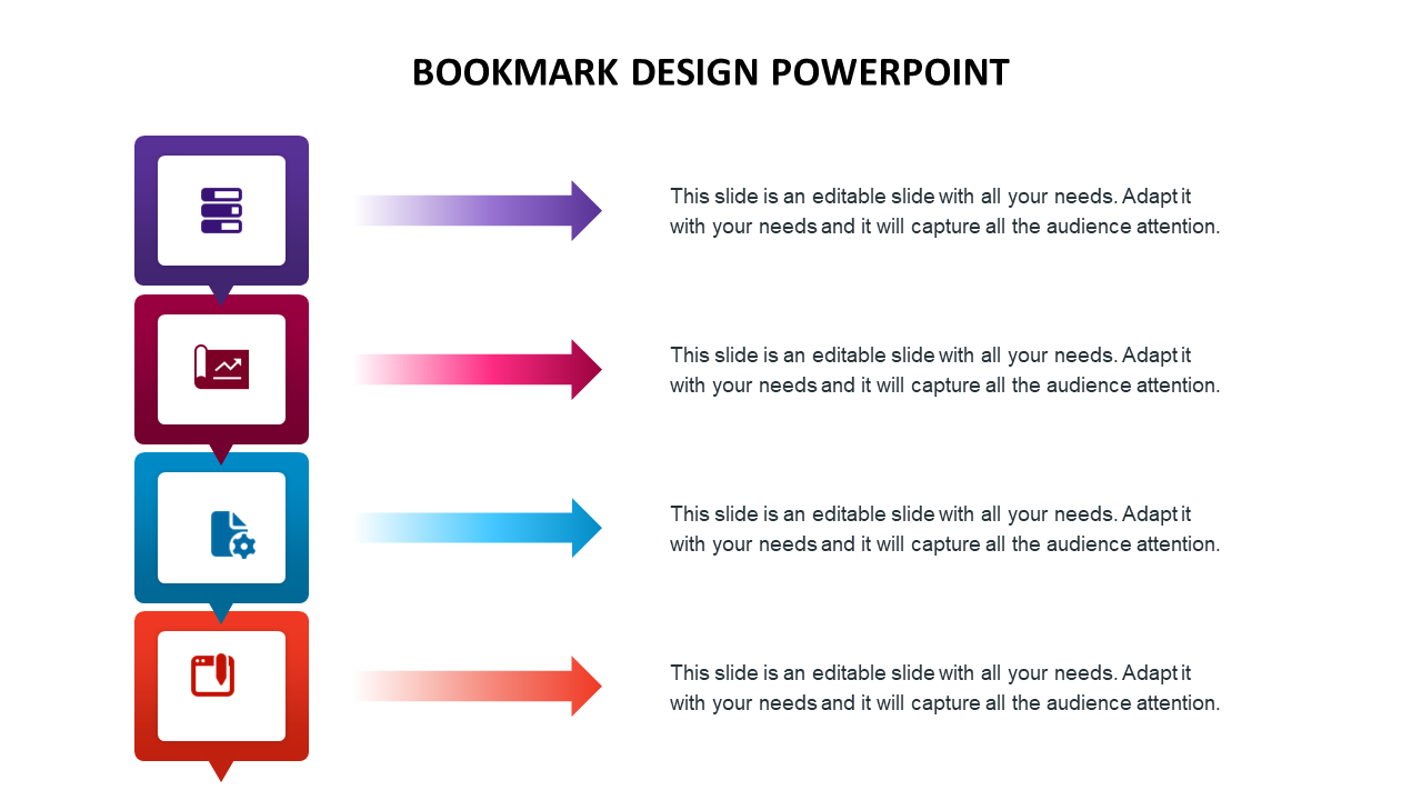 Bookmark PPT slide with arrows in different colors, each linked to an icon representing data, graph, document, and notes.