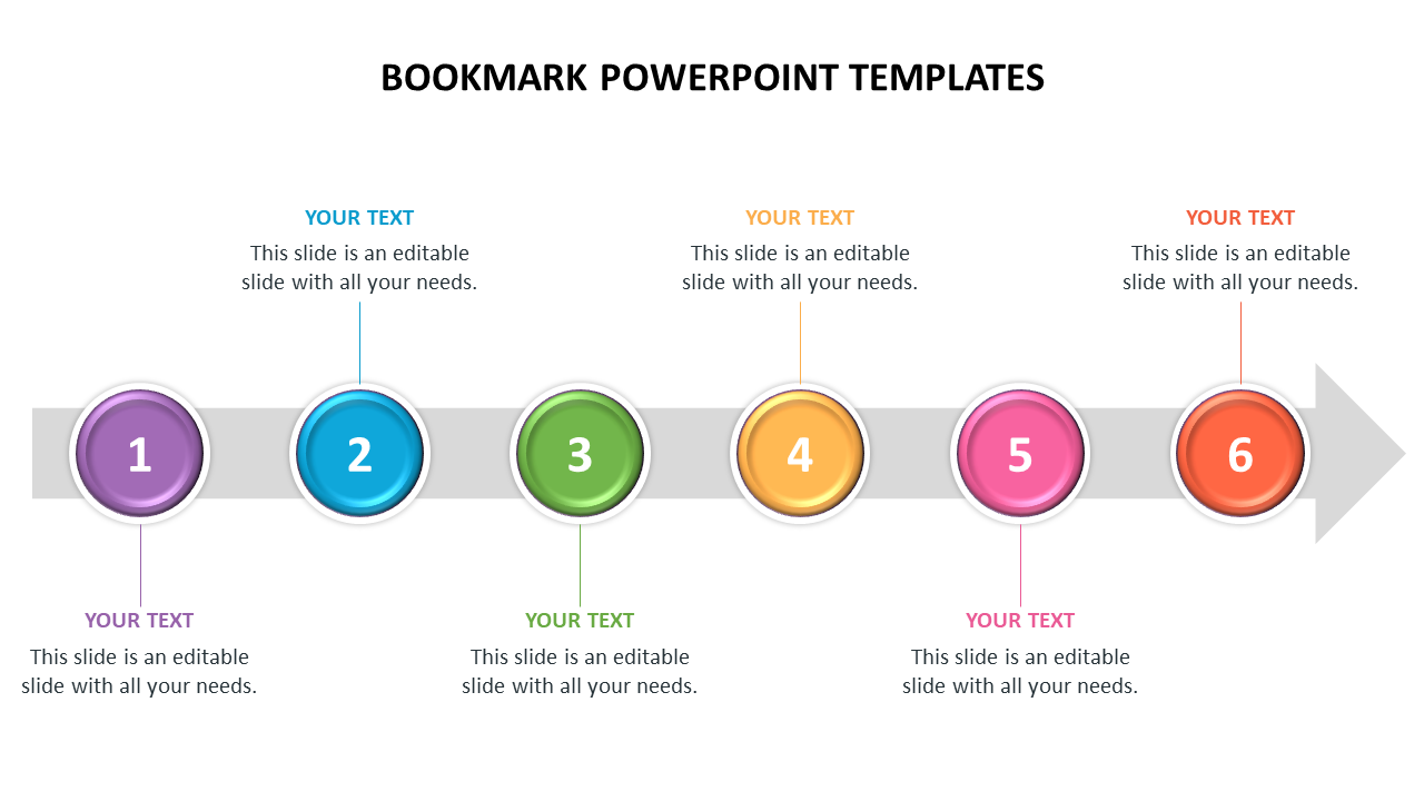 Colorful circle bookmark template with six steps, numbered icons, and text placeholders in a white background.