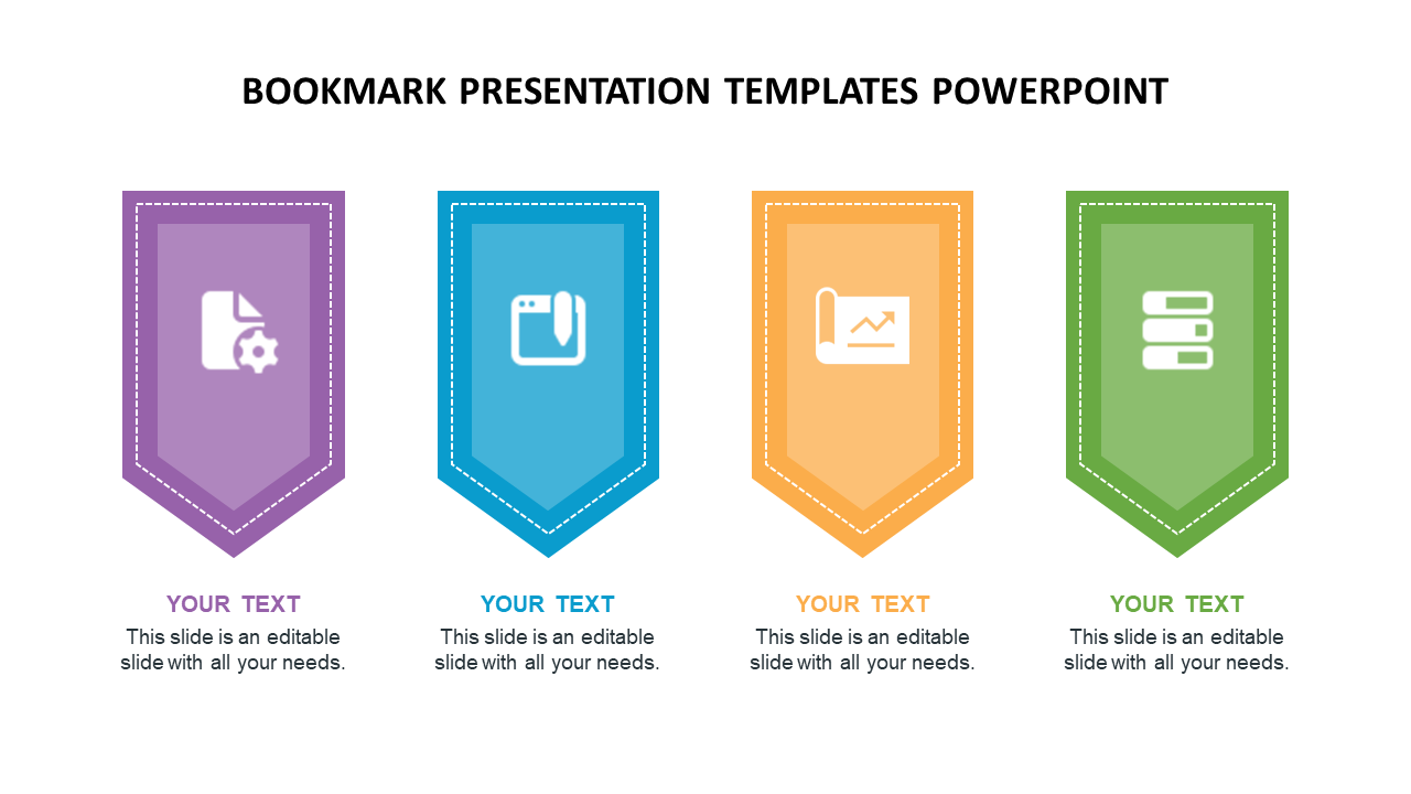 Four bookmark-shaped icons in multi colour with placeholders for text beneath, each representing different themes.