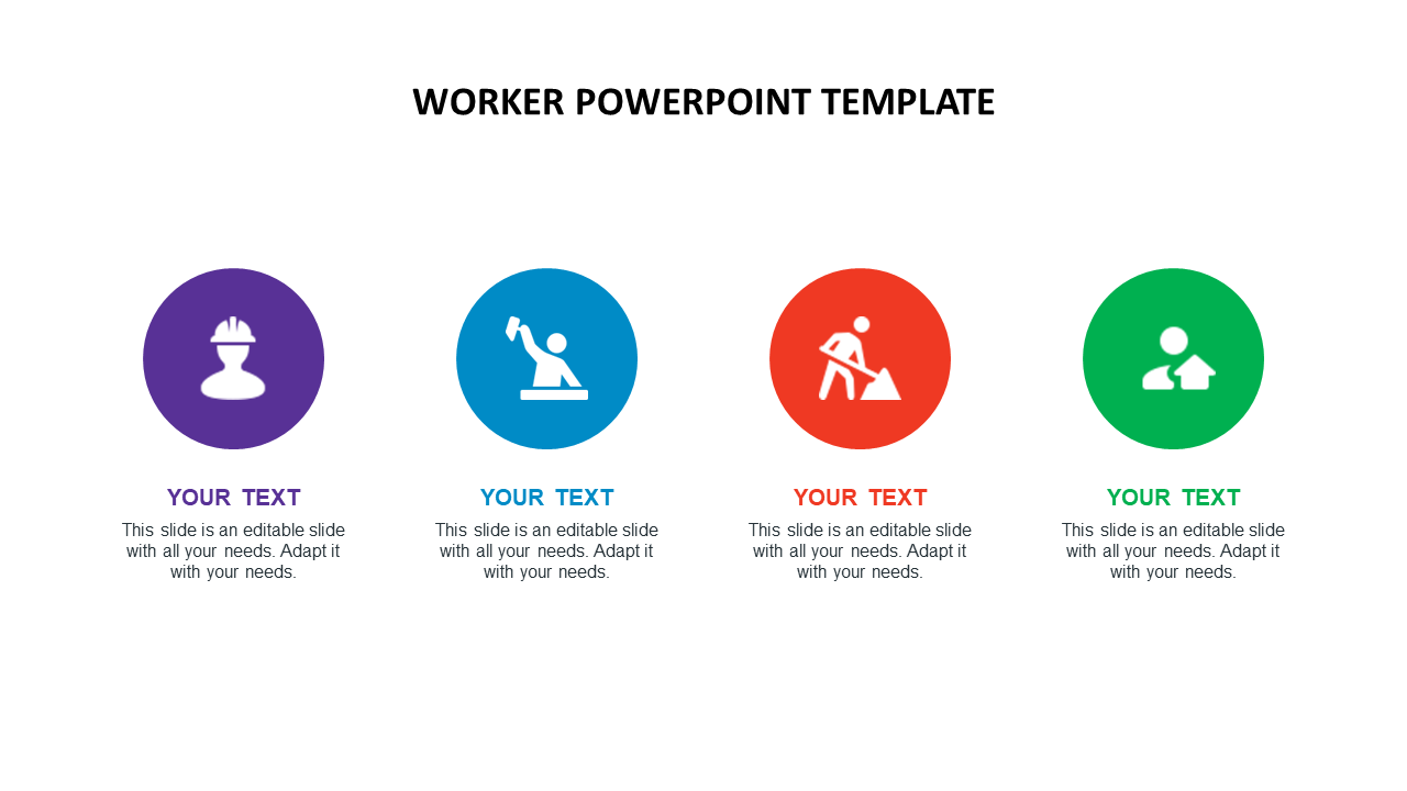 Slide featuring four circular icons in purple, blue, red, and green, each symbolizing a different worker role.