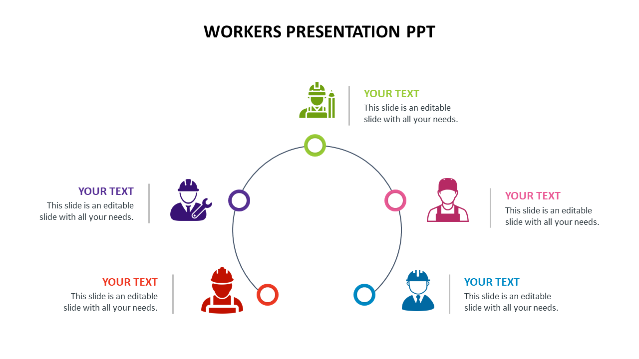 Worker-themed slide with icons of various professionals arranged in a circular layout with placeholder text areas.