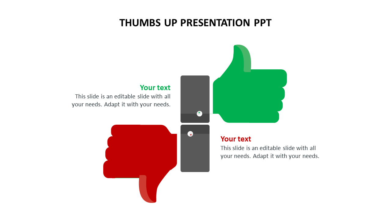 Two large hands, one green giving a thumbs up and one red giving a thumbs down, with placeholder text.