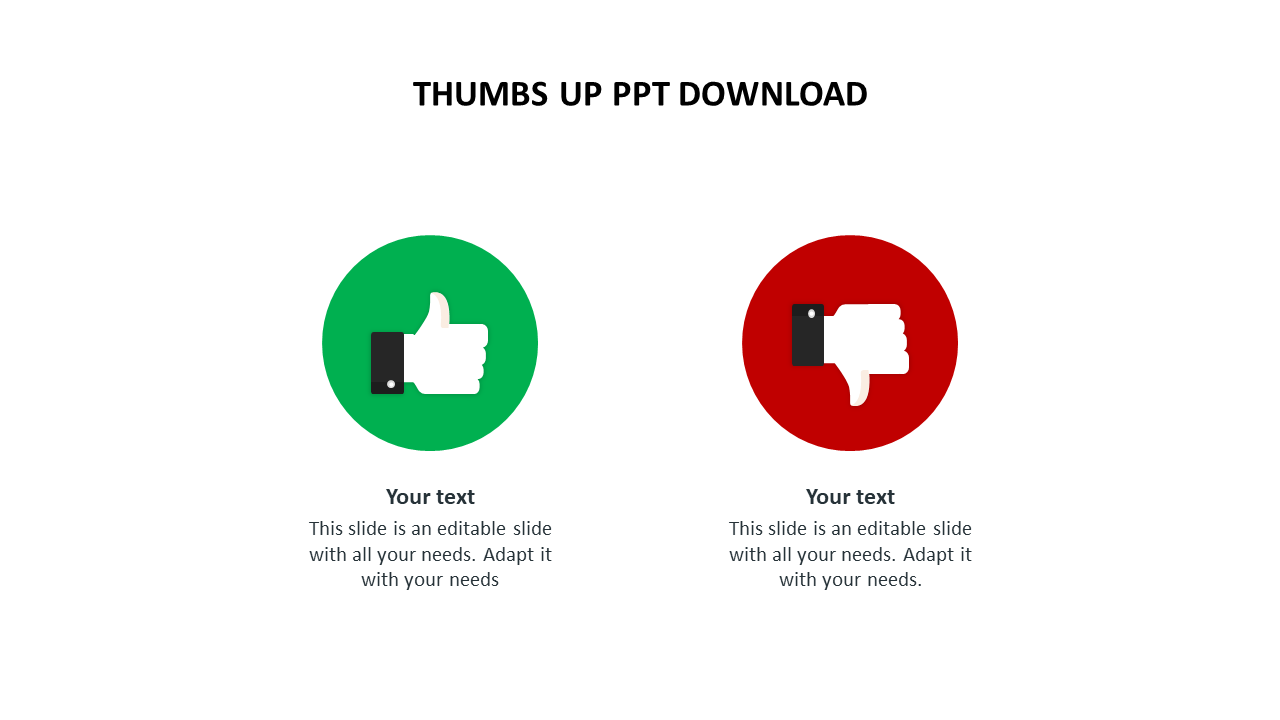 Two circles in green and red containing thumbs up and down icons, each with text below.